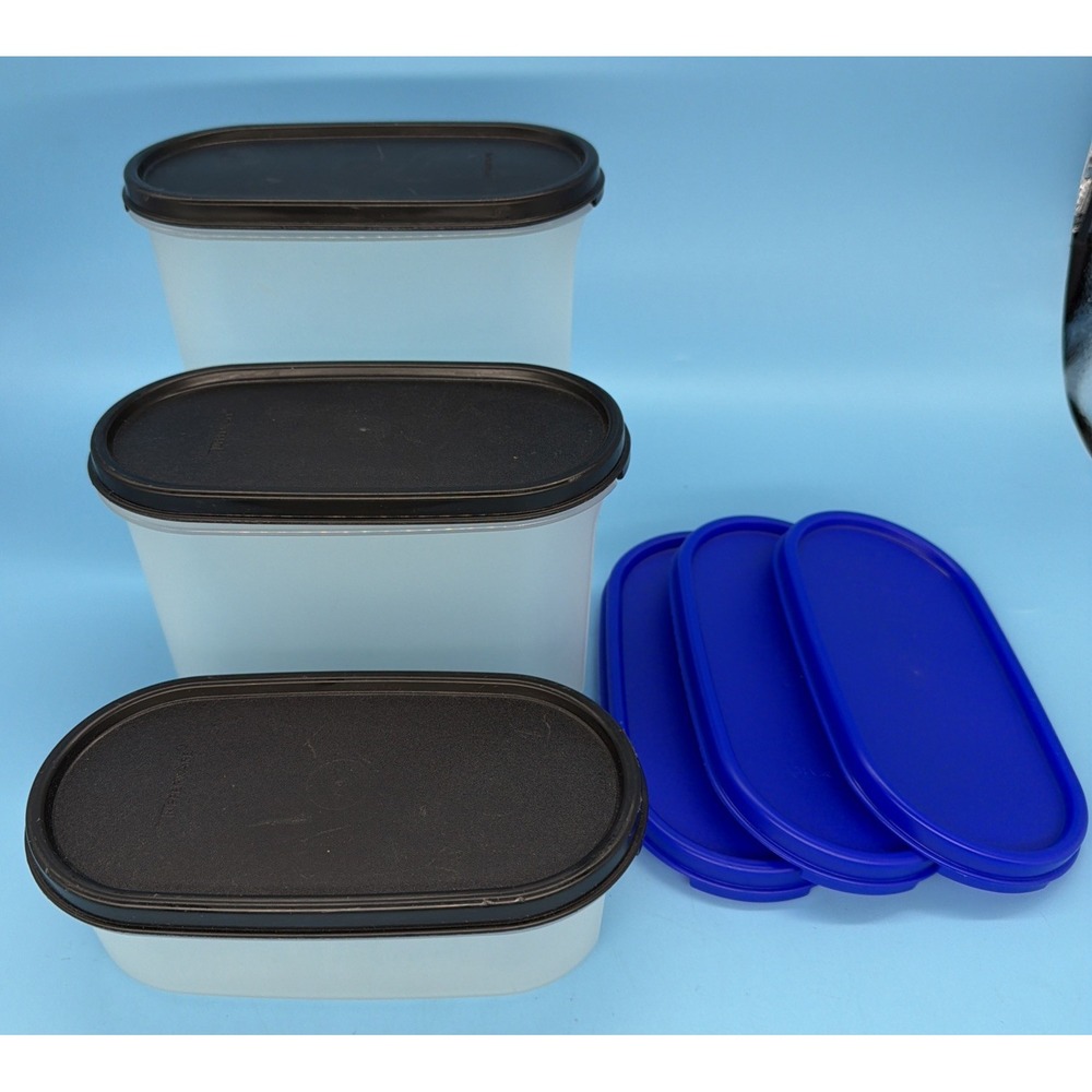 New Tupperware Modular Mates Oval Set 1 2 3 Black Lids PLUS Extra Blue Lids 1611